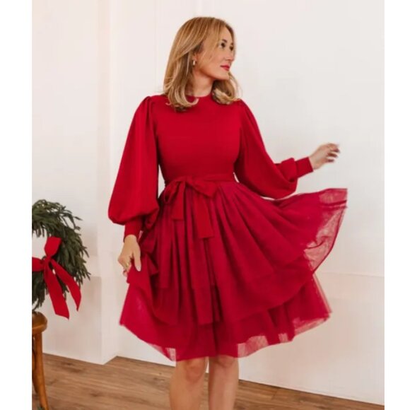 Ivy City Co Short Cosette Dress Red Tulle Long Sleeve - Picture 1 of 13